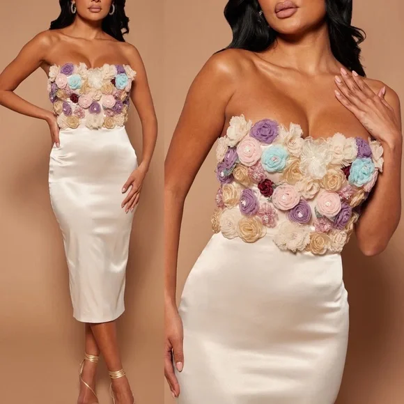3d Flower appliqués rosette detail strapless satin dress formal midi dress - Picture 1 of 7
